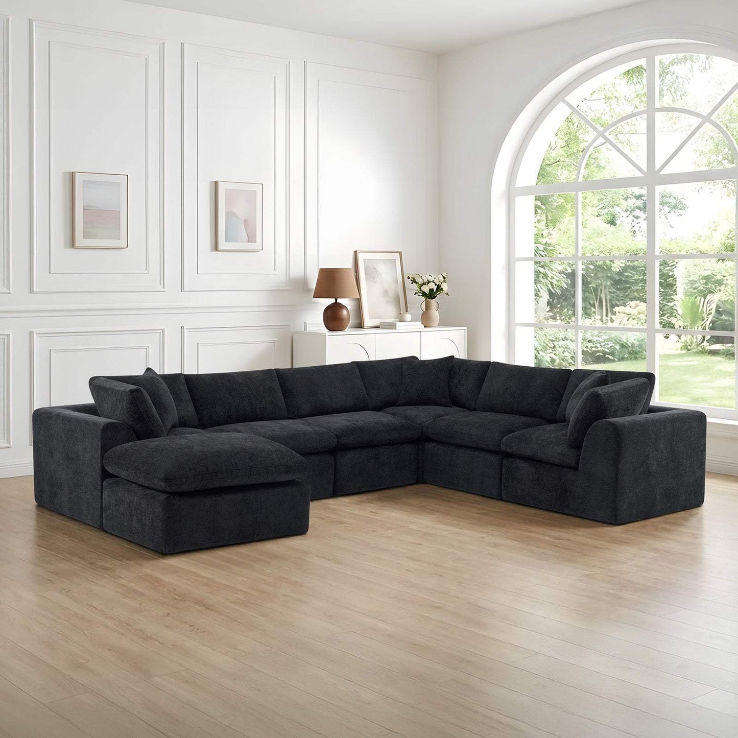 138" Black Chenille Modular Sofa Chaise With Ottoman And Toss Pillows - HomeRoots - Flyclothing LLC