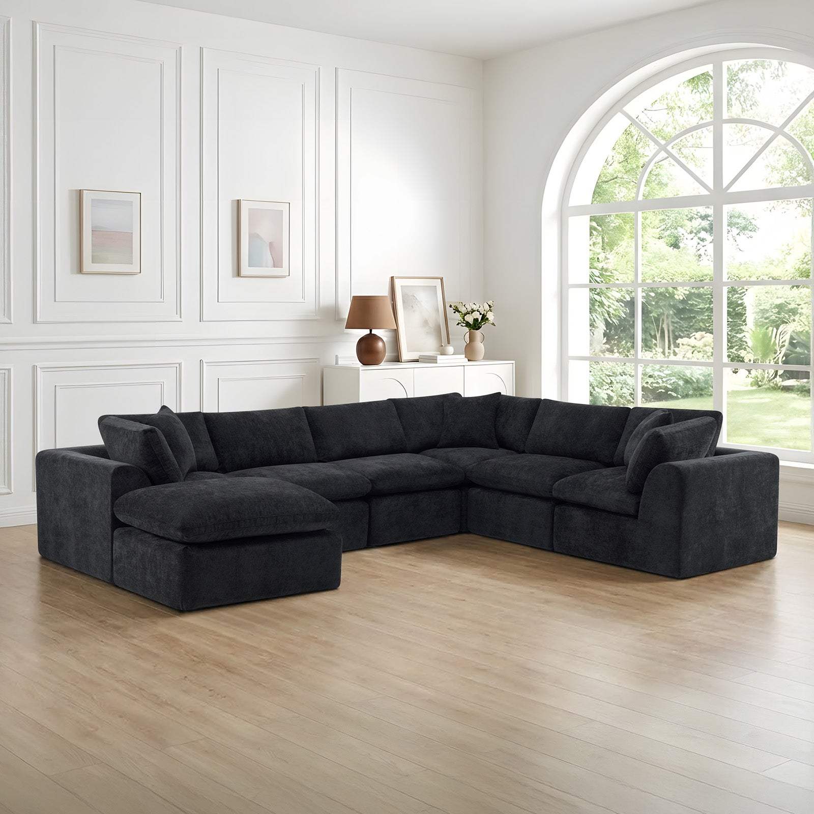 138" Black Chenille Modular Sofa Chaise With Ottoman And Toss Pillows - HomeRoots - Flyclothing LLC