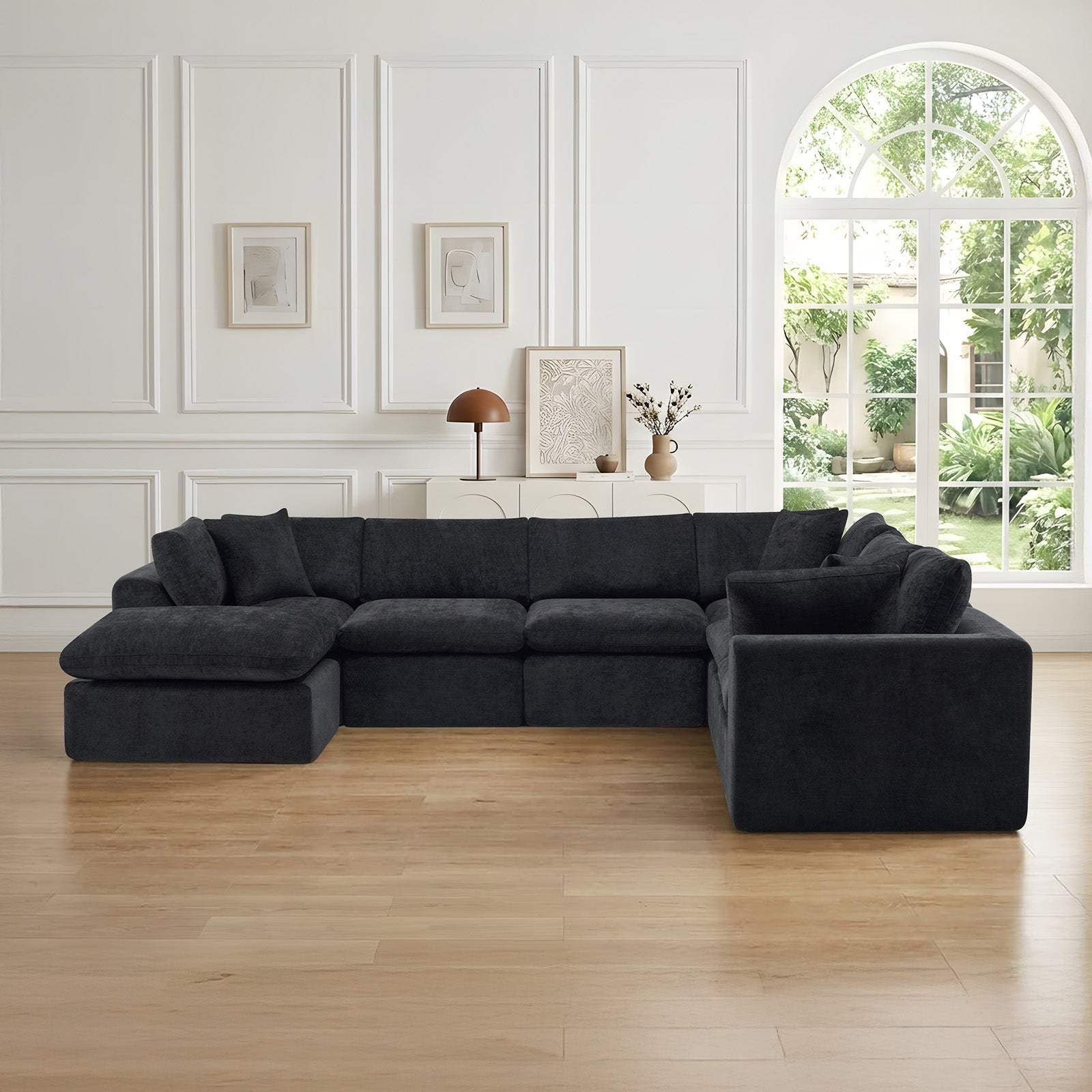 138" Black Chenille Modular Sofa Chaise With Ottoman And Toss Pillows - HomeRoots - Flyclothing LLC