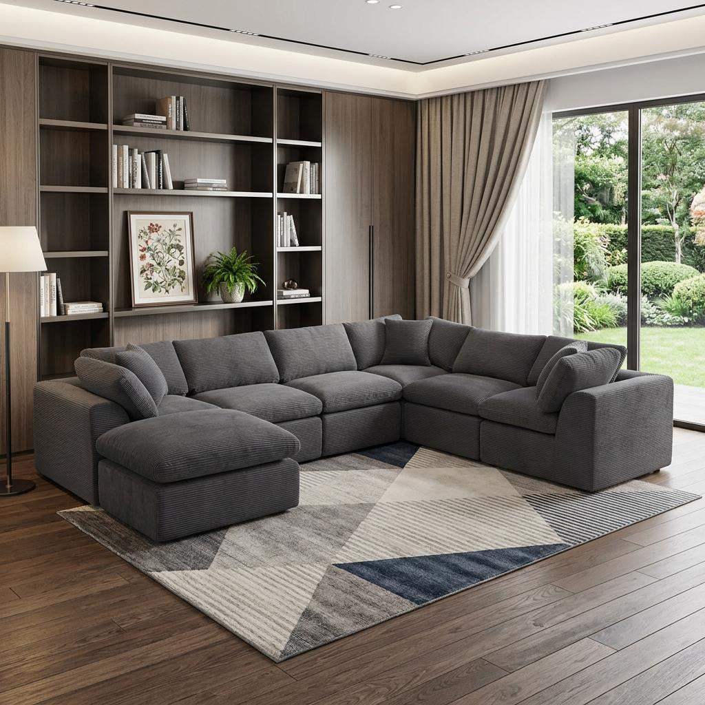 138" Dark Gray Corduroy Modular Sofa With Ottoman And Toss Pillows - HomeRoots - Flyclothing LLC