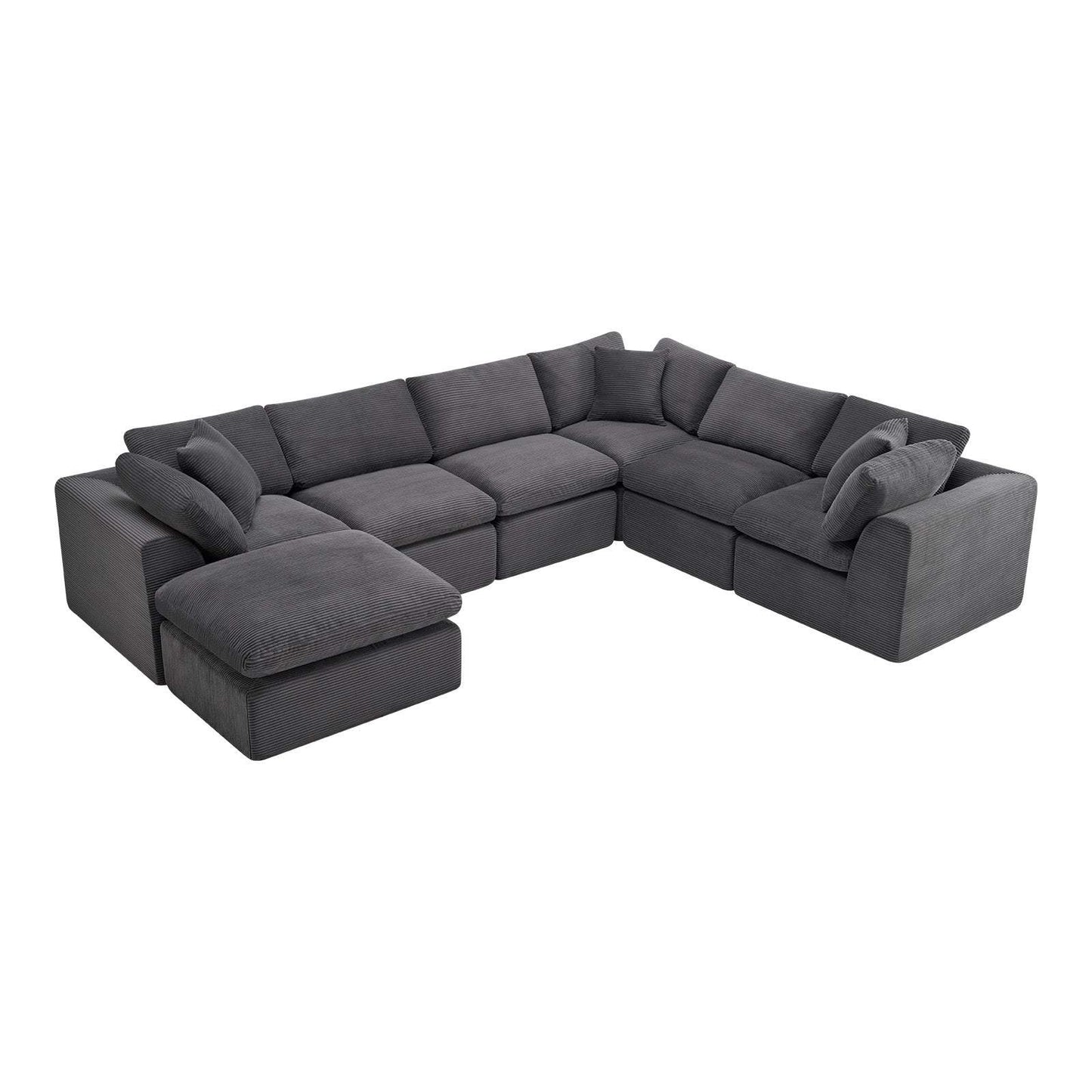 138" Dark Gray Corduroy Modular Sofa With Ottoman And Toss Pillows - HomeRoots - Flyclothing LLC