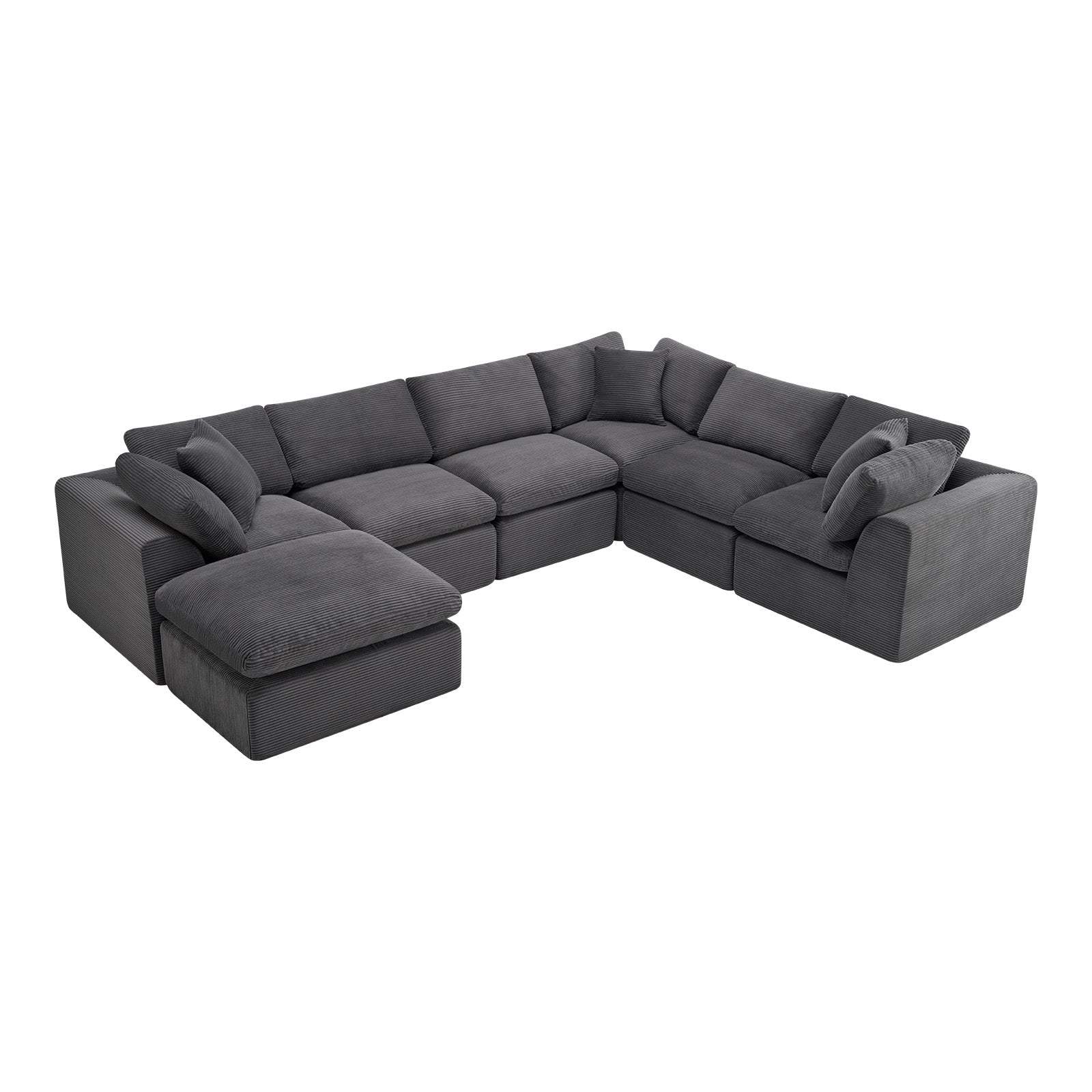 138" Dark Gray Corduroy Modular Sofa With Ottoman And Toss Pillows - HomeRoots - Flyclothing LLC