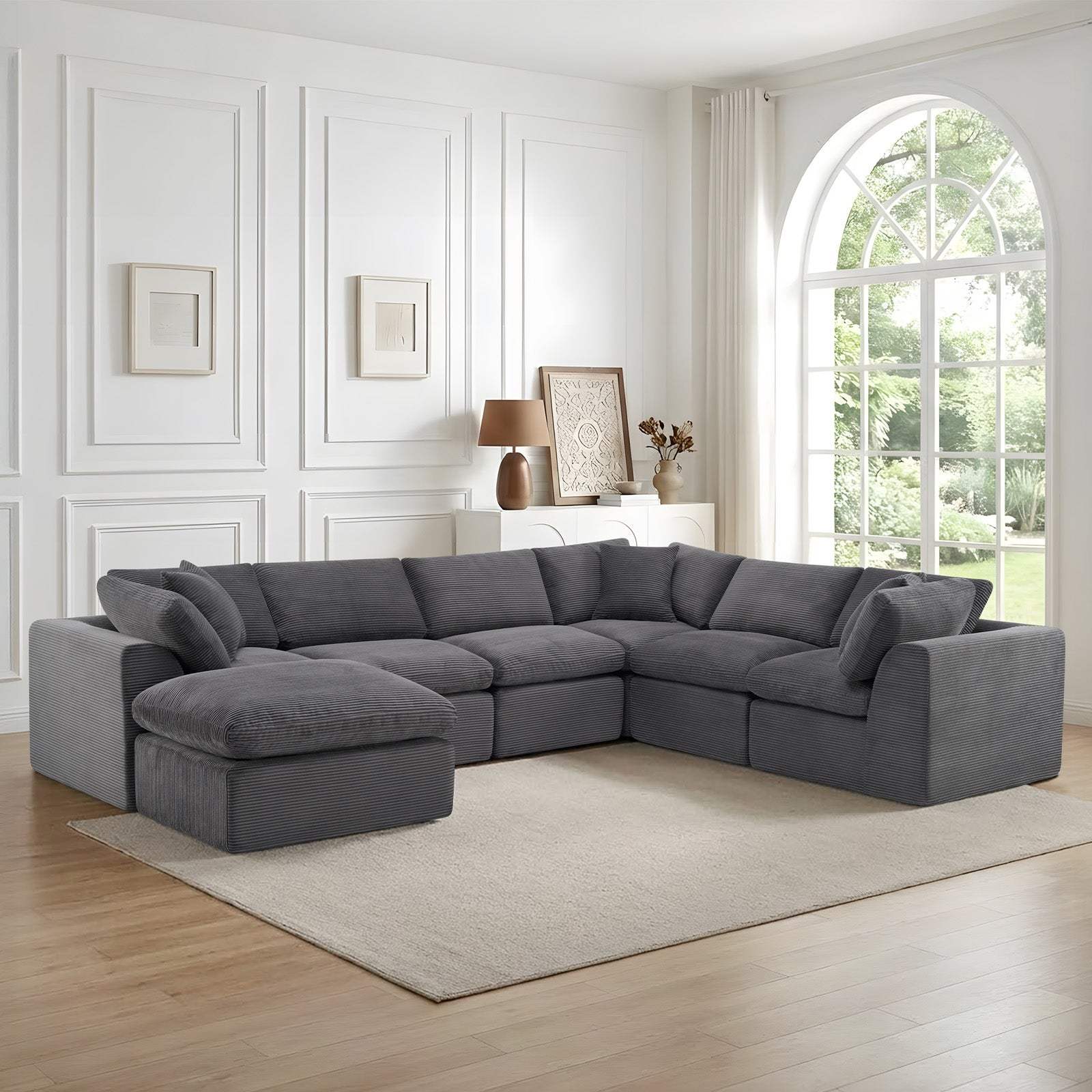 138" Dark Gray Corduroy Modular Sofa With Ottoman And Toss Pillows - HomeRoots - Flyclothing LLC