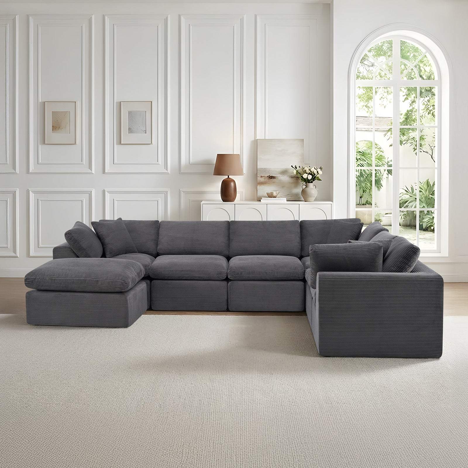 138" Dark Gray Corduroy Modular Sofa With Ottoman And Toss Pillows - HomeRoots - Flyclothing LLC