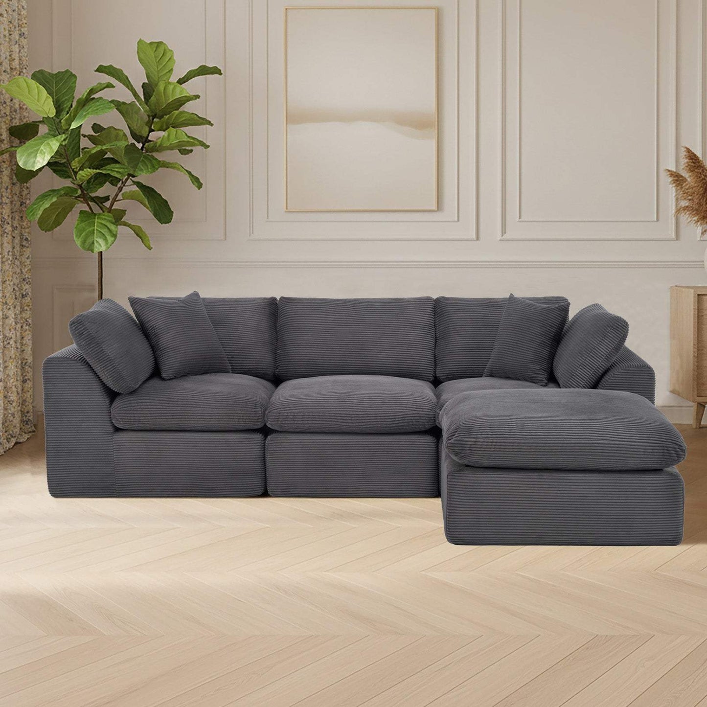 108" Dark Gray Corduroy Modular Sofa With Ottoman And Toss Pillows - HomeRoots - Flyclothing LLC