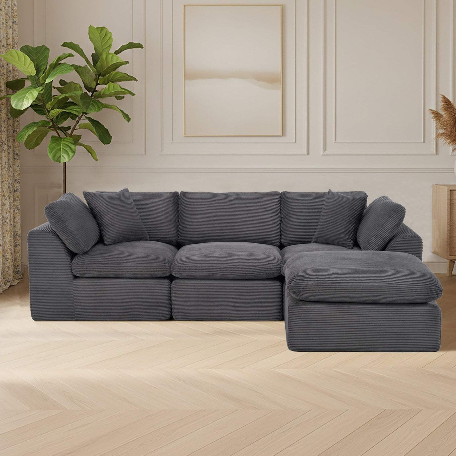 108" Dark Gray Corduroy Modular Sofa With Ottoman And Toss Pillows - HomeRoots - Flyclothing LLC