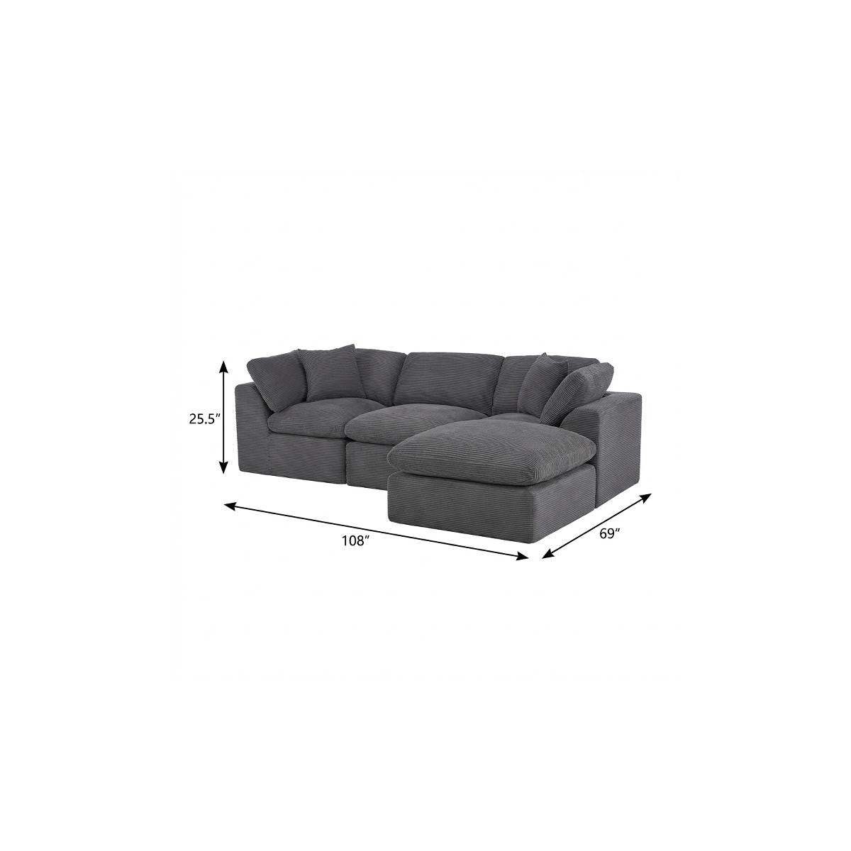 108" Dark Gray Corduroy Modular Sofa With Ottoman And Toss Pillows - HomeRoots - Flyclothing LLC