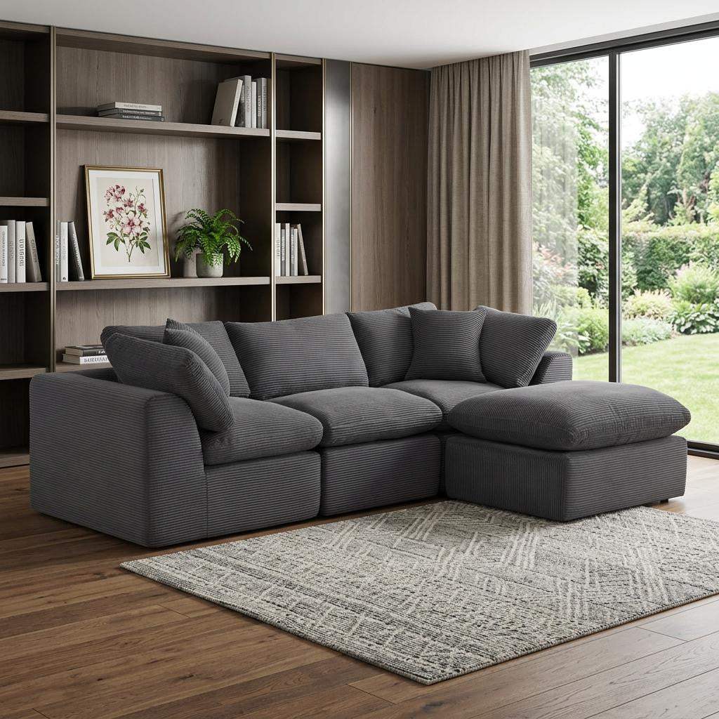 108" Dark Gray Corduroy Modular Sofa With Ottoman And Toss Pillows - HomeRoots - Flyclothing LLC