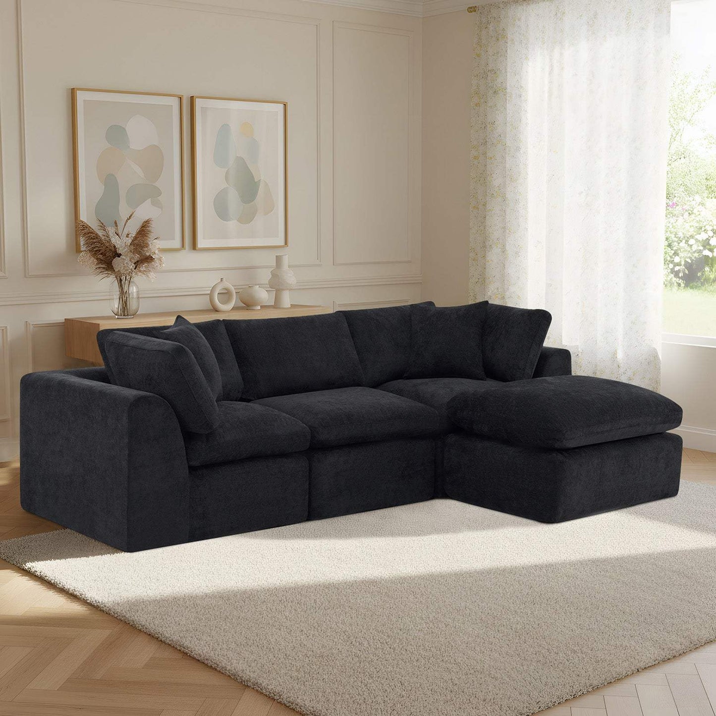 108" Black Chenille Modular Sofa With Ottoman And Toss Pillows - HomeRoots - Flyclothing LLC