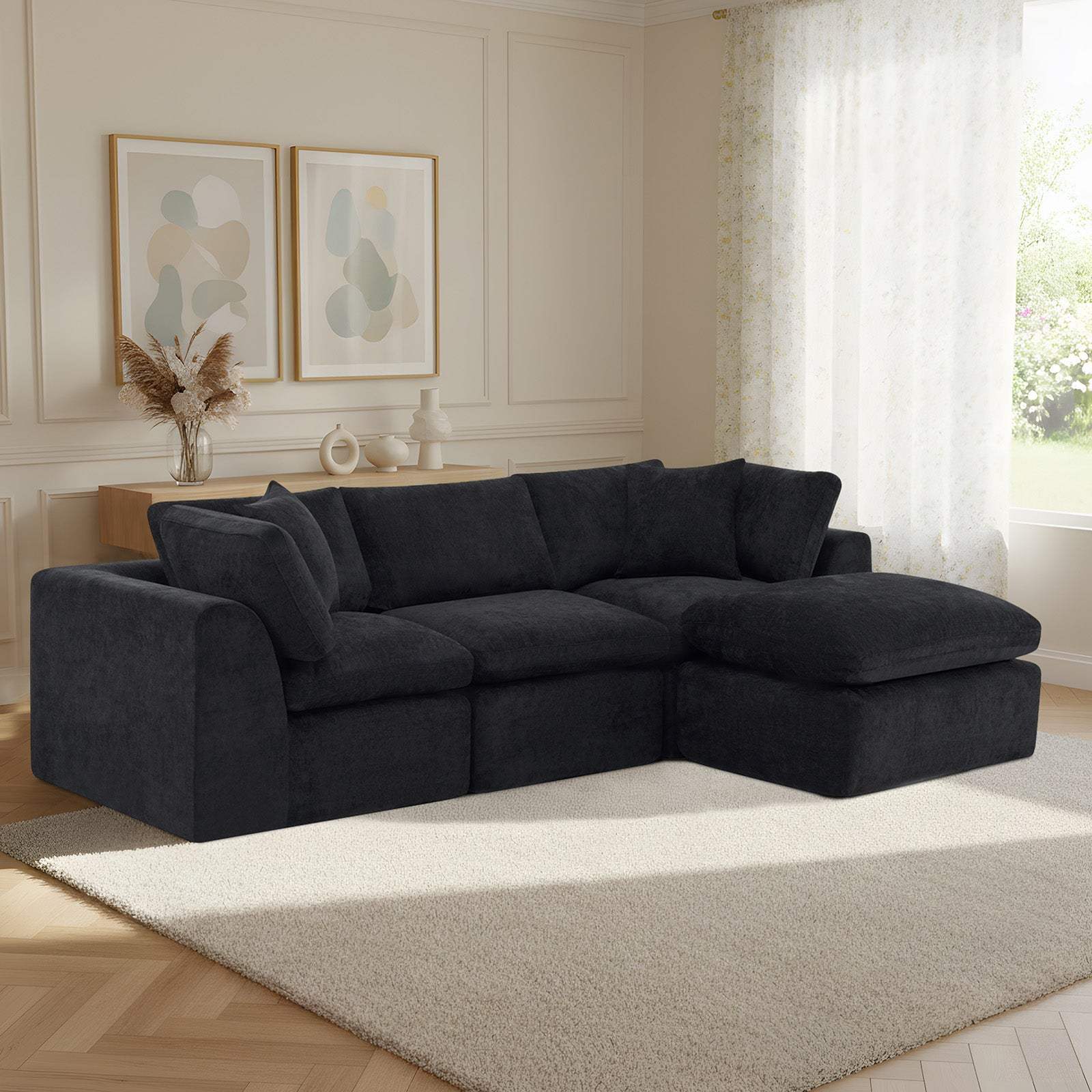 108" Black Chenille Modular Sofa With Ottoman And Toss Pillows - HomeRoots - Flyclothing LLC