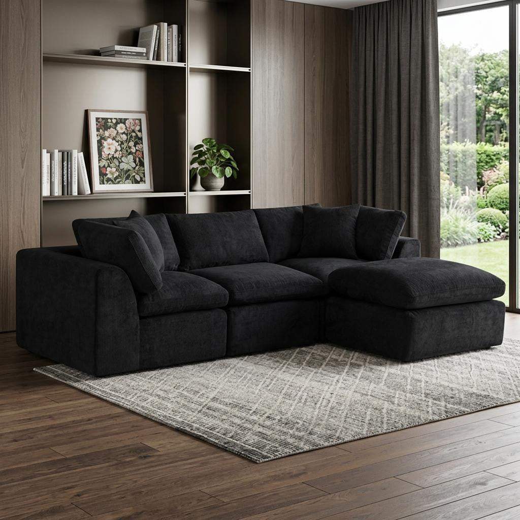 108" Black Chenille Modular Sofa With Ottoman And Toss Pillows - HomeRoots - Flyclothing LLC