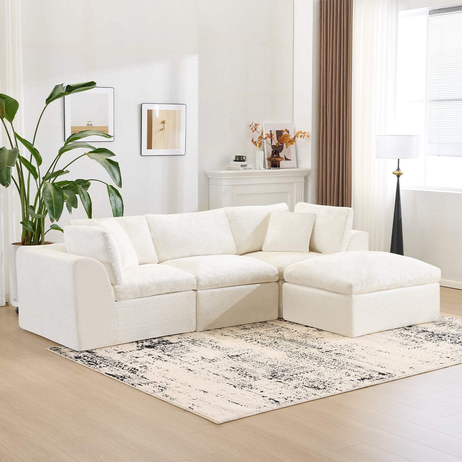 108" Beige Chenille Modular Sofa With Ottoman And Toss Pillows - HomeRoots - Flyclothing LLC