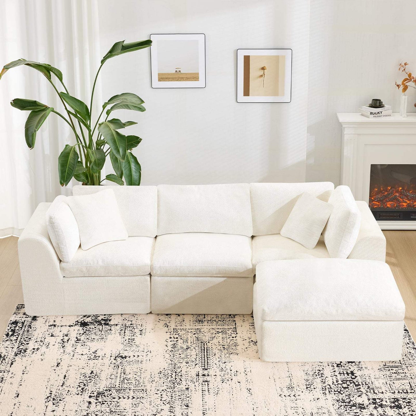 108" Beige Chenille Modular Sofa With Ottoman And Toss Pillows - HomeRoots - Flyclothing LLC