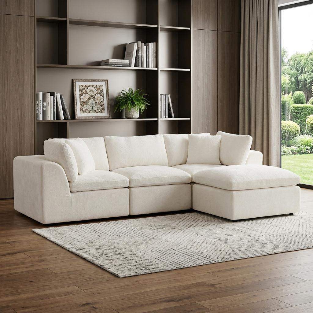 108" Beige Chenille Modular Sofa With Ottoman And Toss Pillows - HomeRoots - Flyclothing LLC