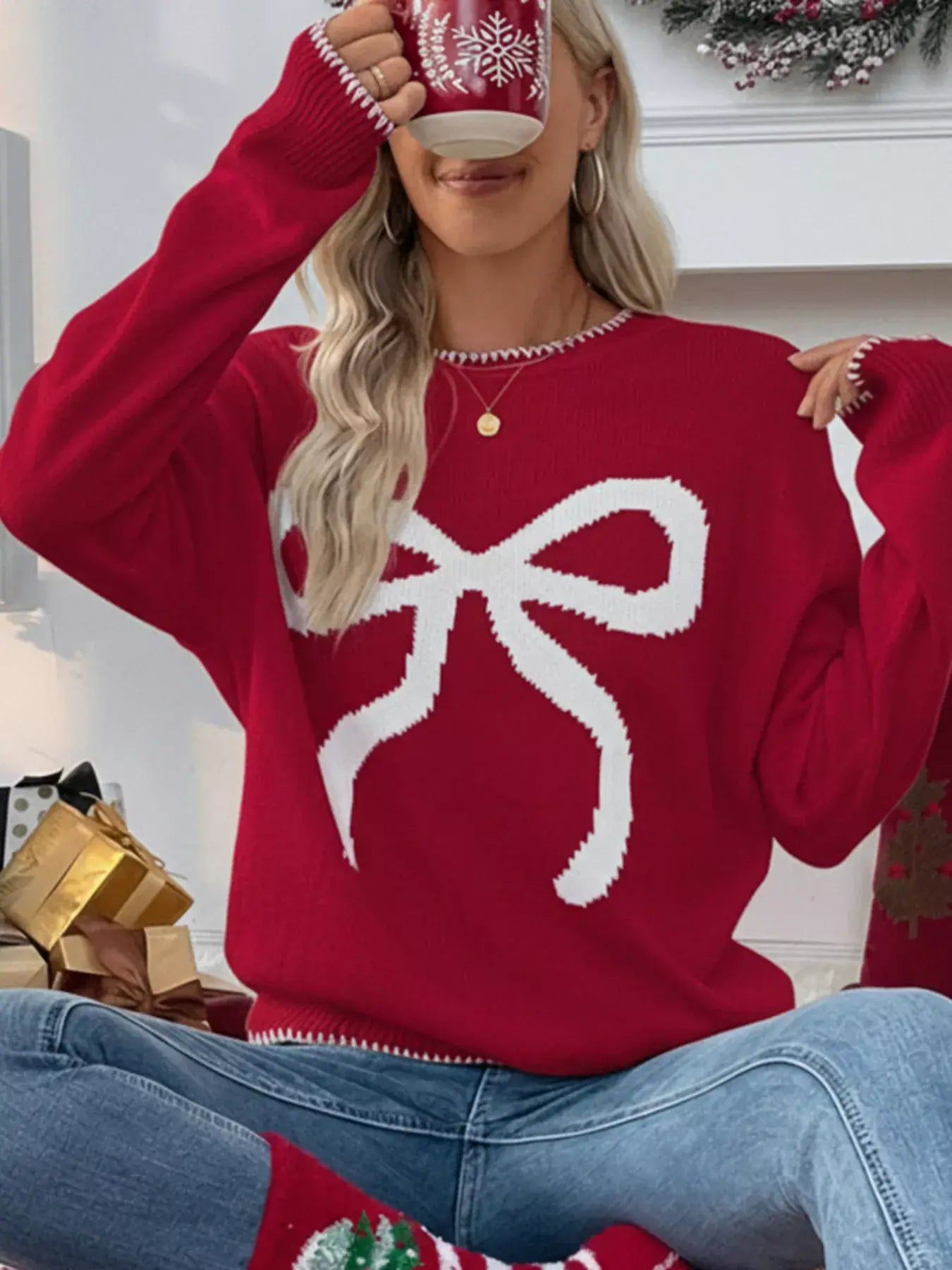 Bow Round Neck Sweater - Trendsi - Flyclothing LLC