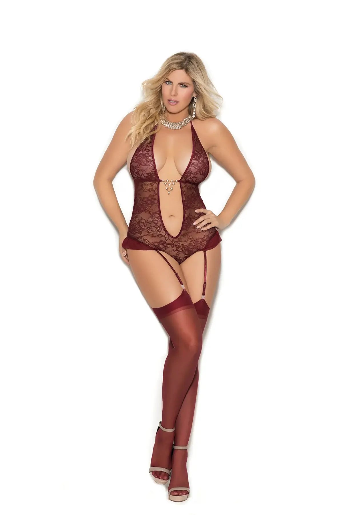 Elegant Moments Lace halter style teddiette with ultra deep V neckline, rhinestone front detail and adjustable and detachable garters - Elegant Moments - Flyclothing LLC