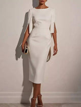 Slim-Fit Elegant Midi Dress with Beaded Slit Sleeve - Trendsi - Flyclothing LLC