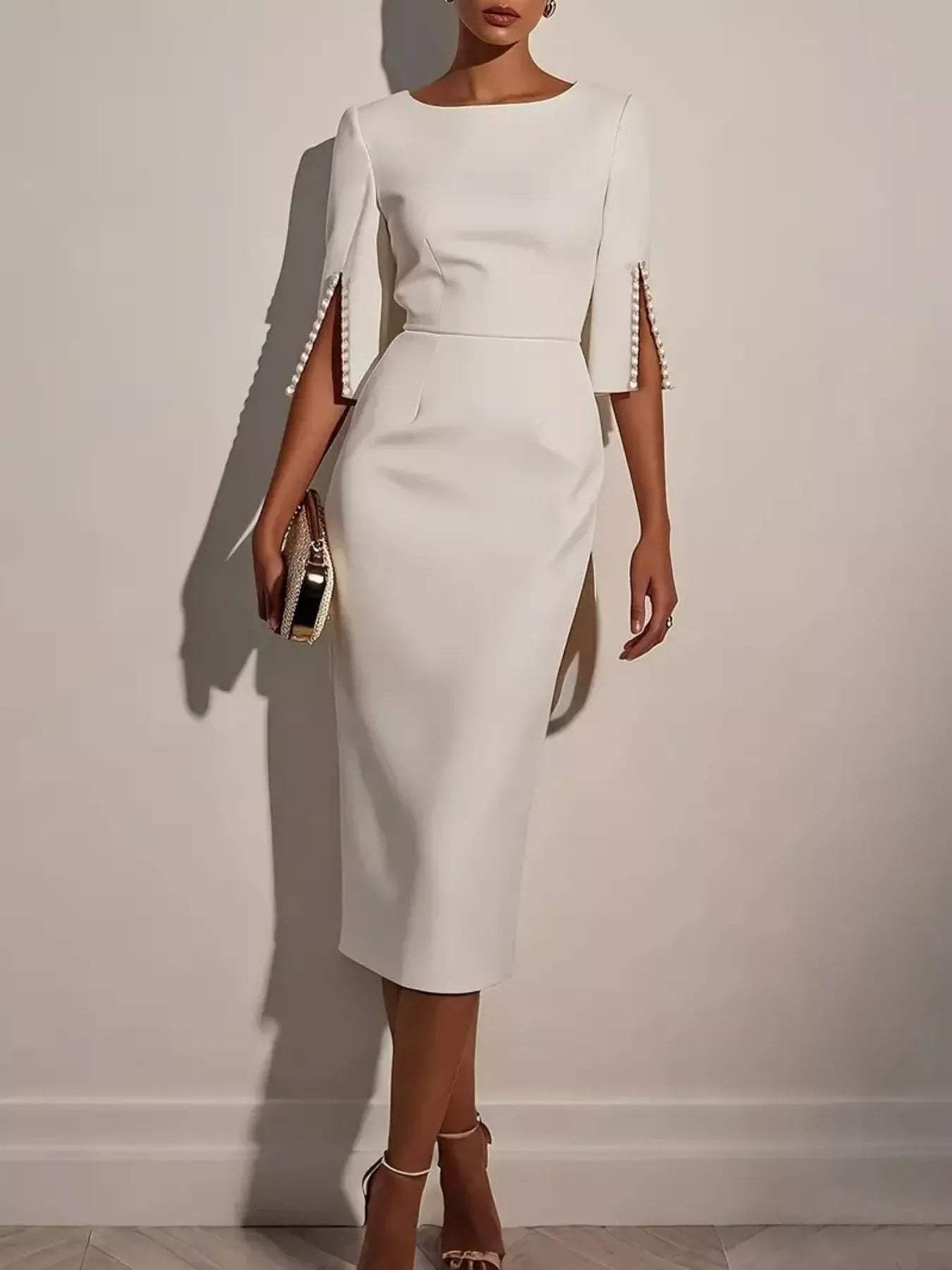 Slim-Fit Elegant Midi Dress with Beaded Slit Sleeve - Trendsi - Flyclothing LLC