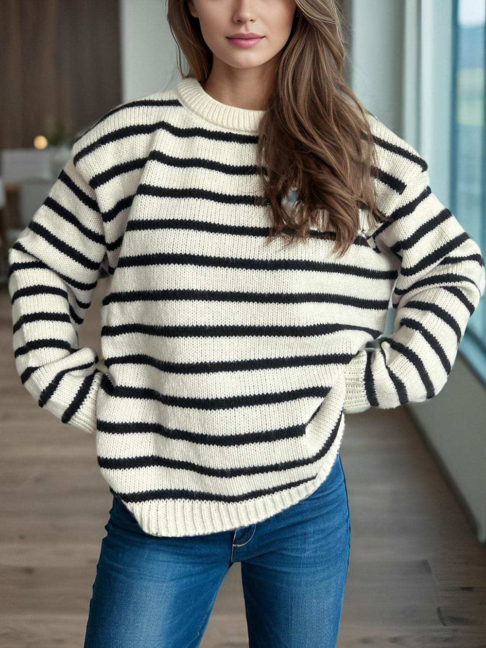 Striped Round Neck Long Sleeve Sweater - Trendsi - Flyclothing LLC