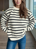 Striped Round Neck Long Sleeve Sweater - Trendsi - Flyclothing LLC