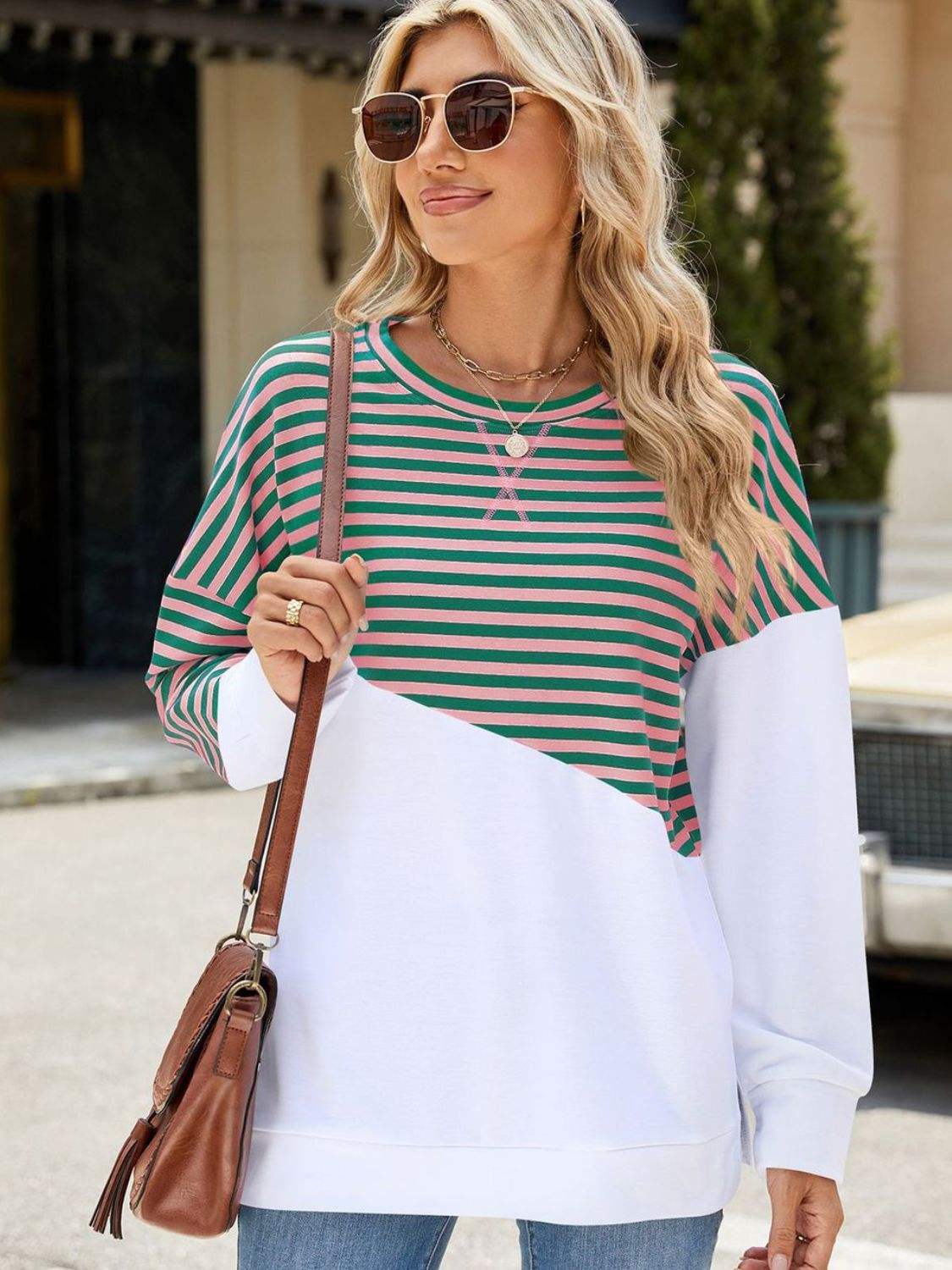 Slit Contrast Striped Long Sleeve Sweatshirt - Trendsi - Flyclothing LLC
