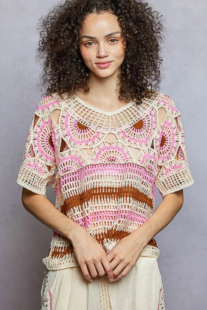 Weave Pattern Short Sleeve Crochet Top with Border Accents - Trendsi - Flyclothing LLC
