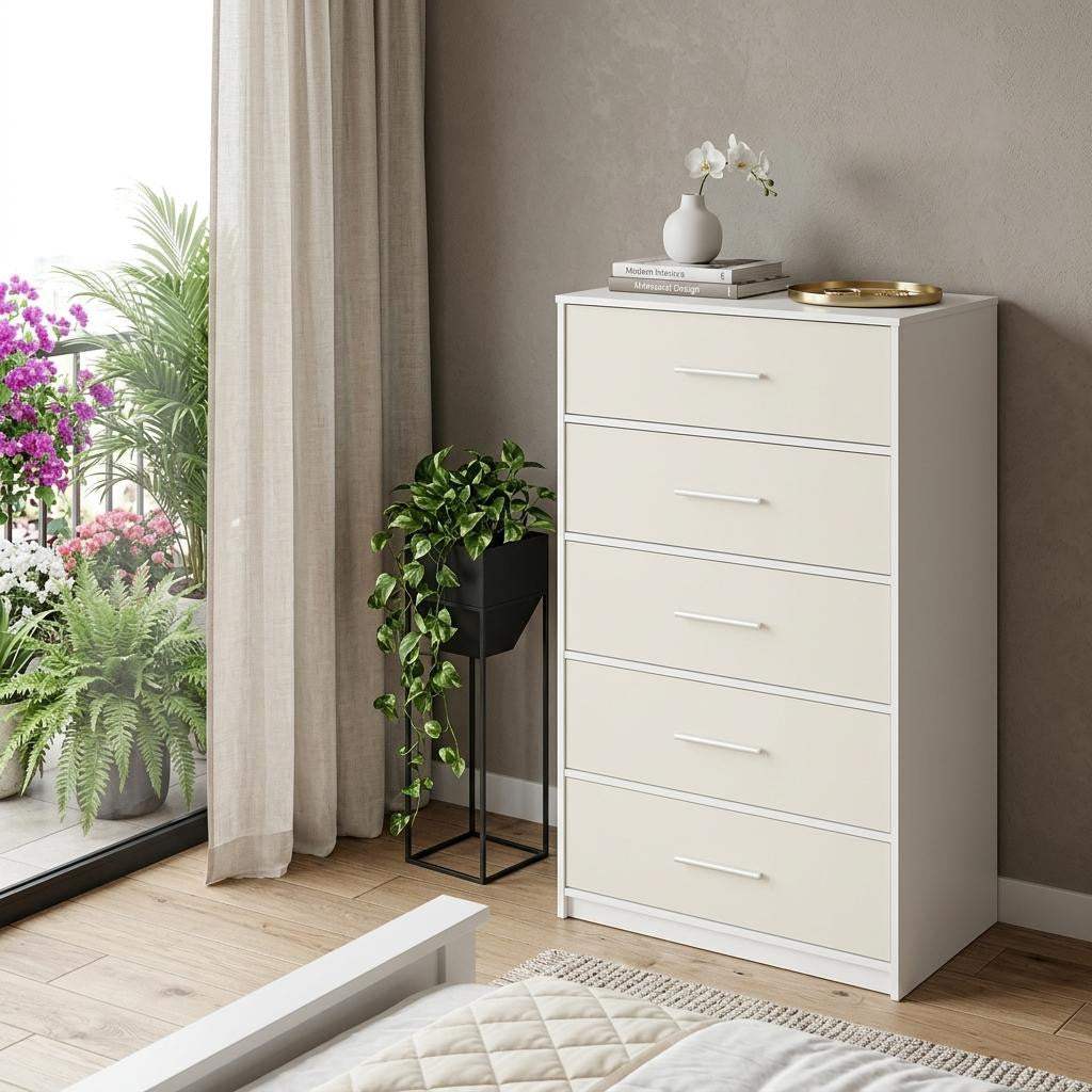 23" White Fabric Wood and Steel Five Drawer Lingerie Chest - HomeRoots - Flyclothing LLC