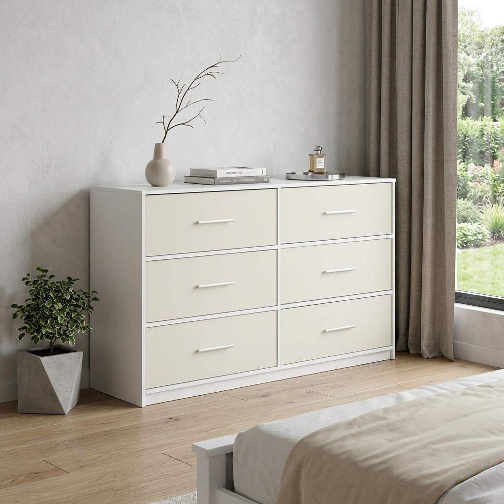 45" White Fabric Wood and Steel Six Drawer Double Dresser - HomeRoots - Flyclothing LLC