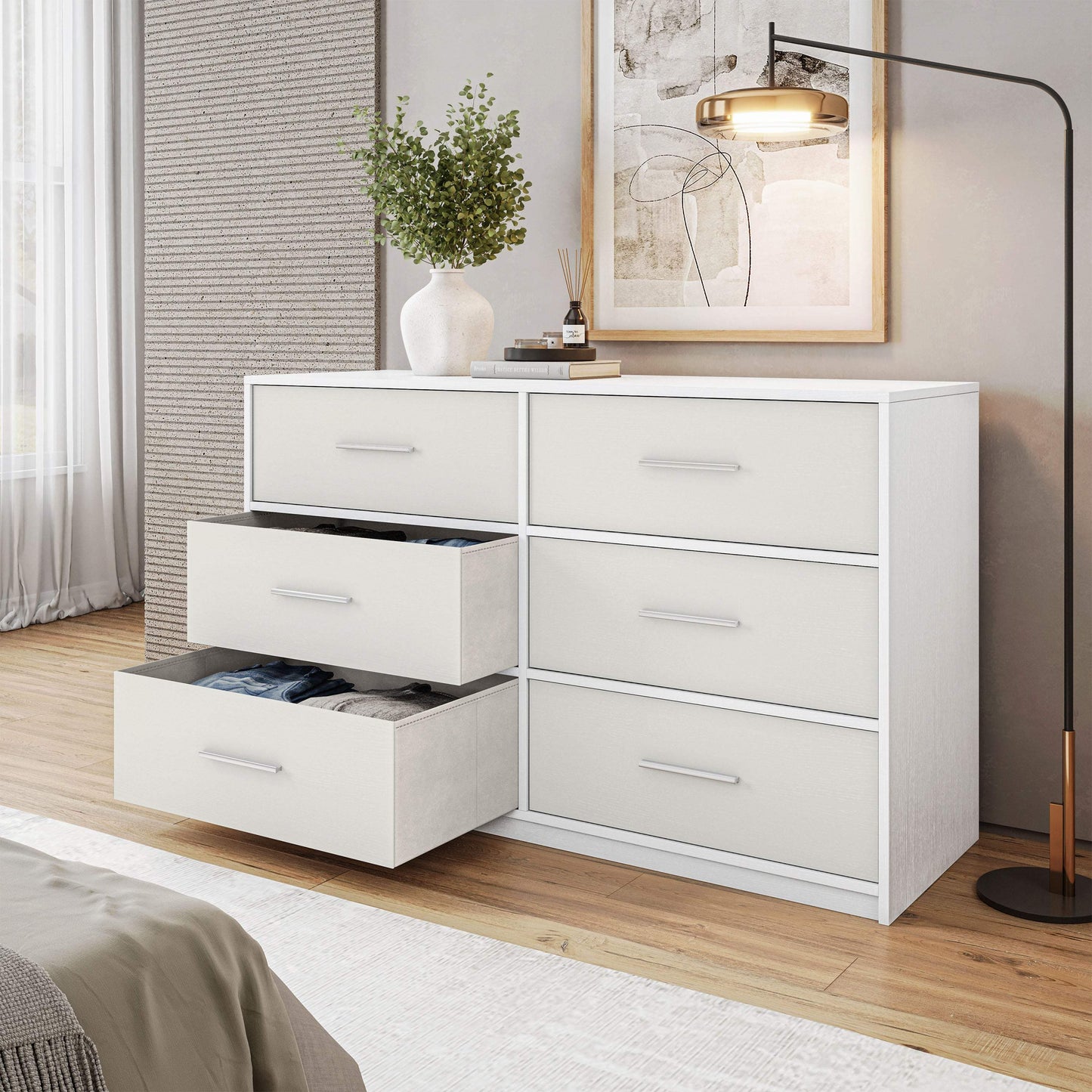 45" White Fabric Wood and Steel Six Drawer Double Dresser - HomeRoots - Flyclothing LLC