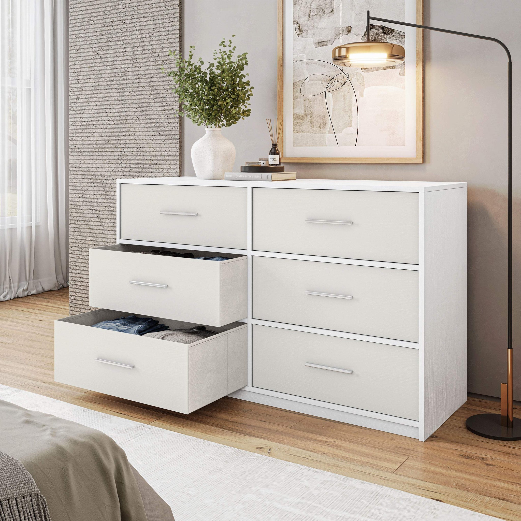 45" White Fabric Wood and Steel Six Drawer Double Dresser - HomeRoots - Flyclothing LLC