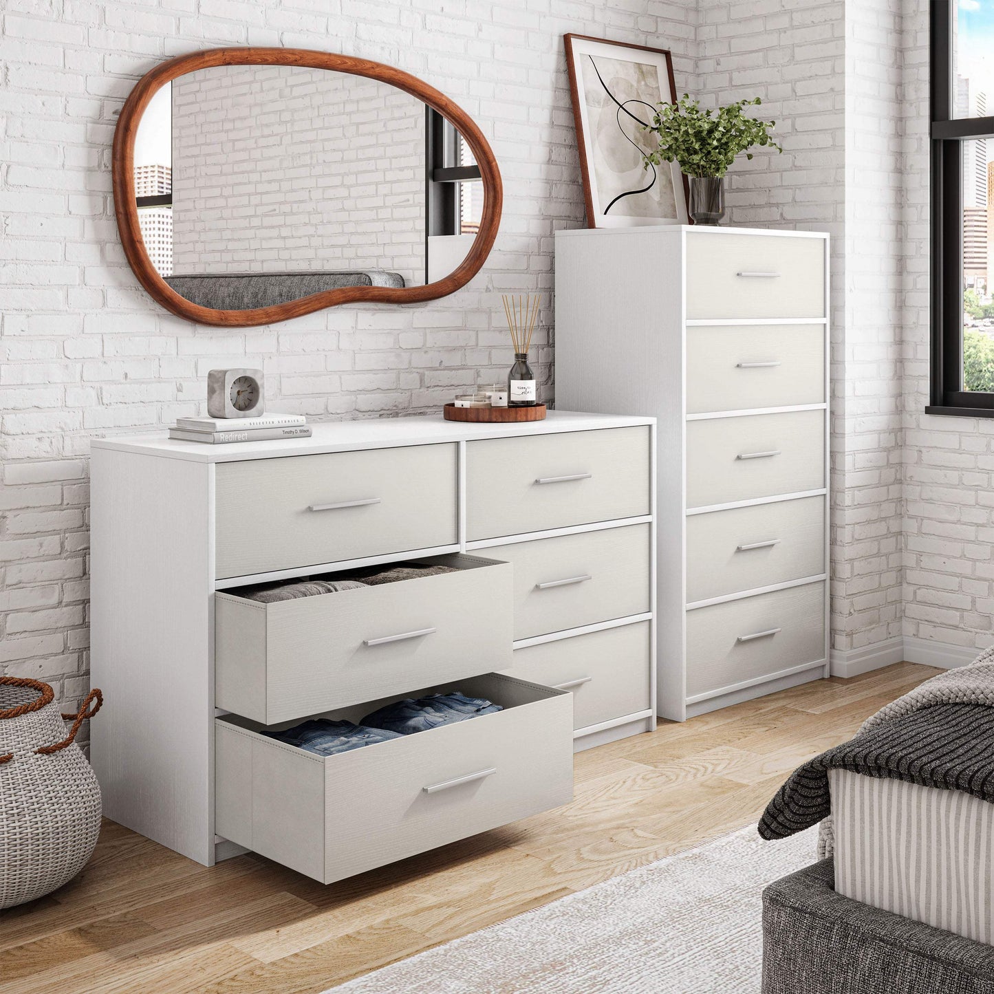 45" White Fabric Wood and Steel Six Drawer Double Dresser - HomeRoots - Flyclothing LLC