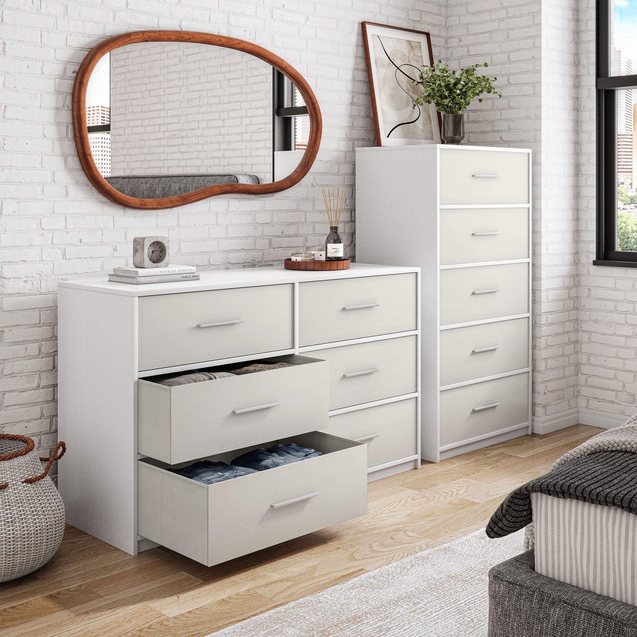45" White Fabric Wood and Steel Six Drawer Double Dresser - HomeRoots - Flyclothing LLC
