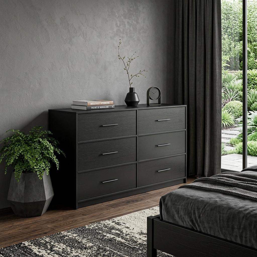 45" Black Fabric Wood and Steel Six Drawer Double Dresser - HomeRoots - Flyclothing LLC