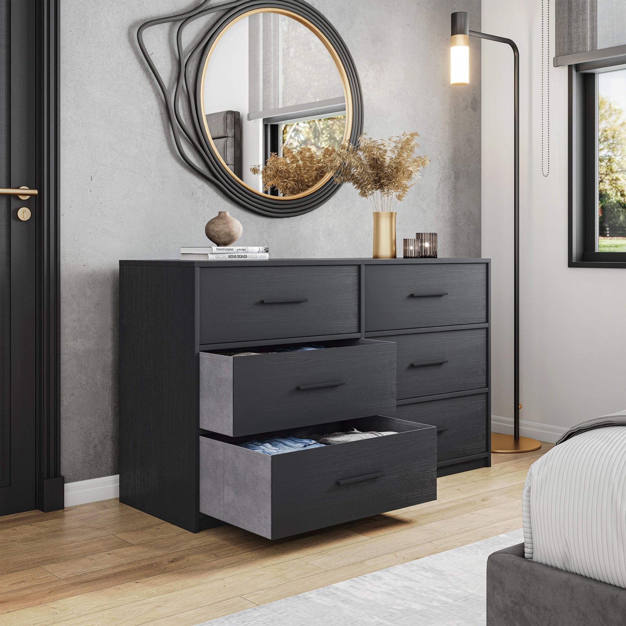 45" Black Fabric Wood and Steel Six Drawer Double Dresser - HomeRoots - Flyclothing LLC