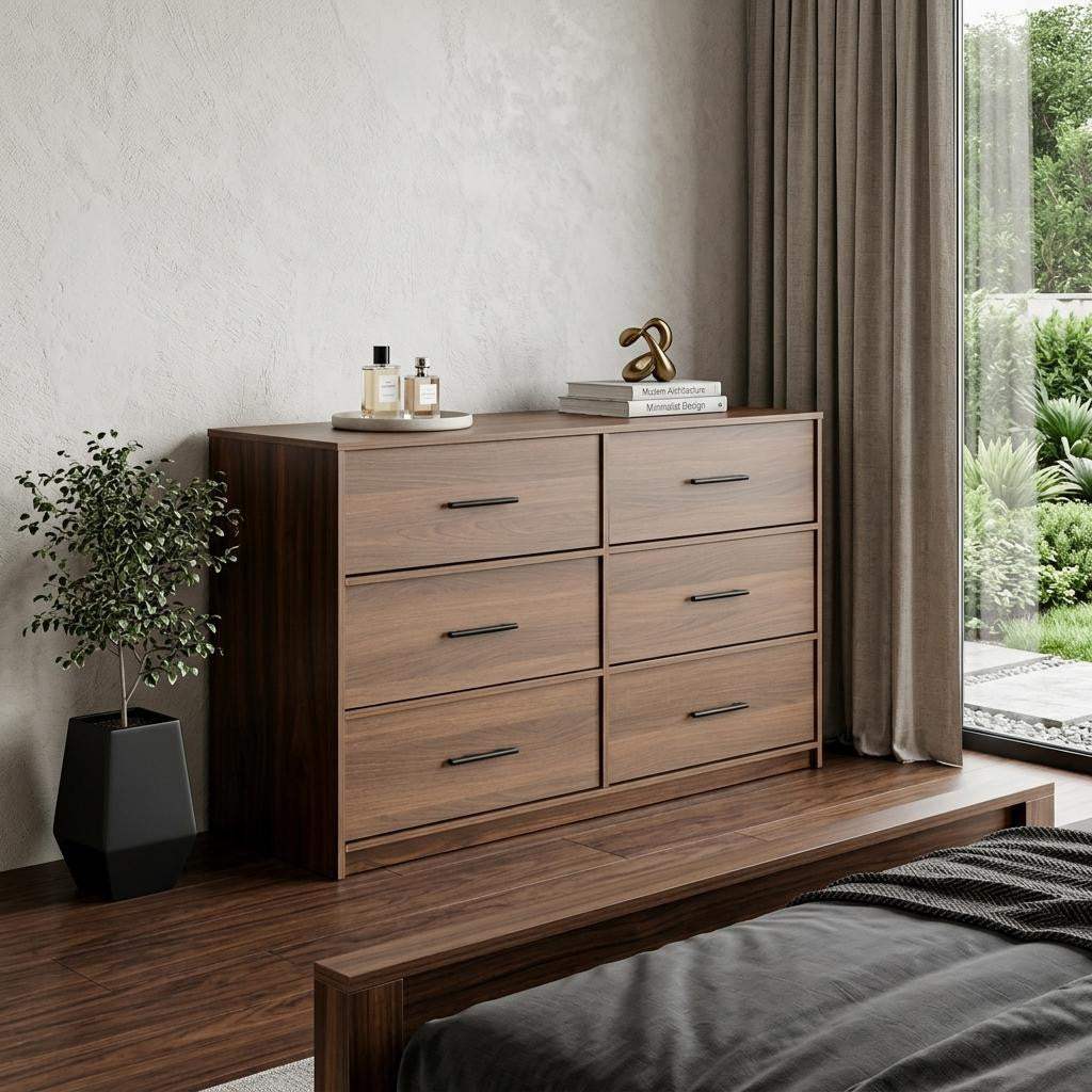 45" Walnut Fabric Wood and Steel Six Drawer Double Dresser - HomeRoots - Flyclothing LLC