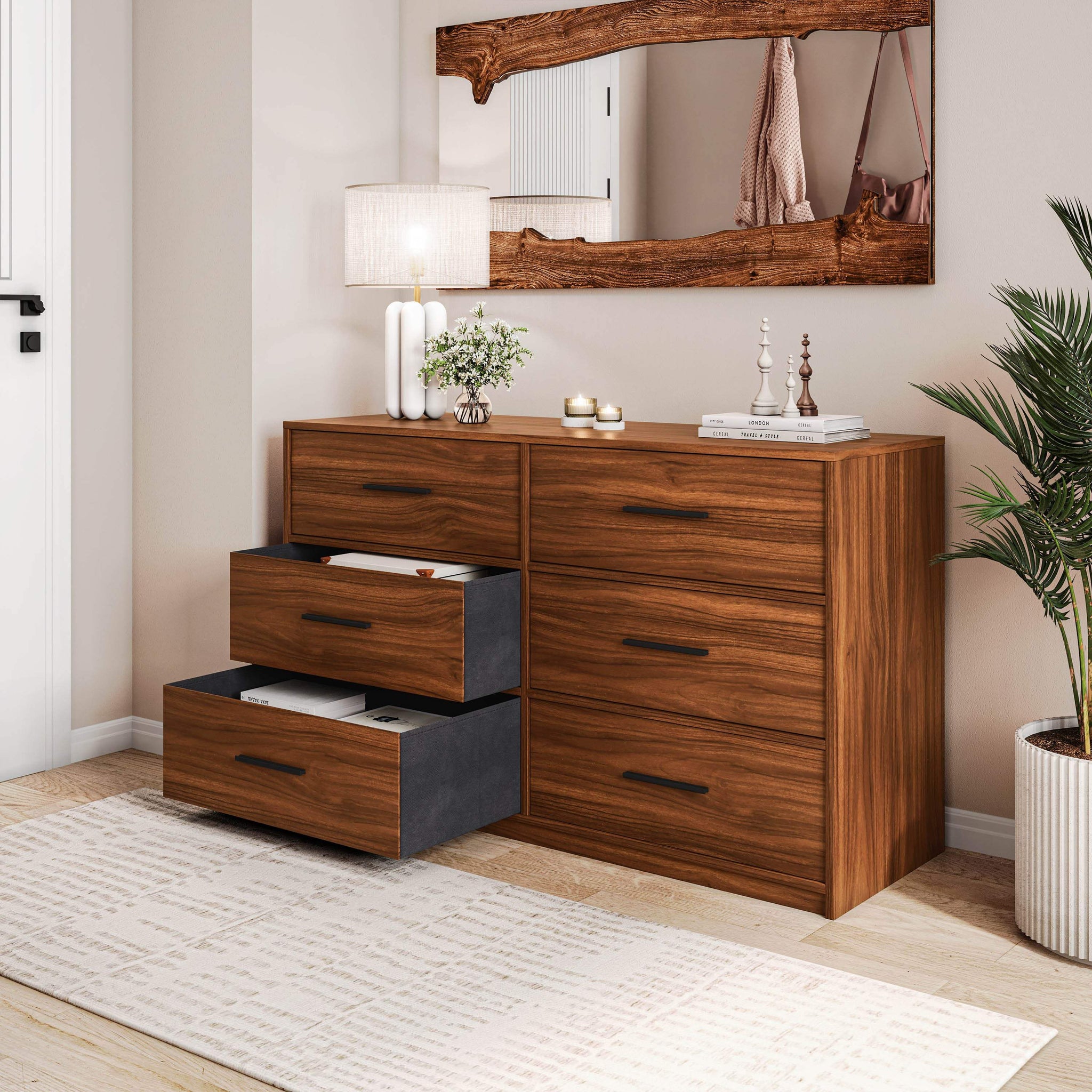 45" Walnut Fabric Wood and Steel Six Drawer Double Dresser - HomeRoots - Flyclothing LLC