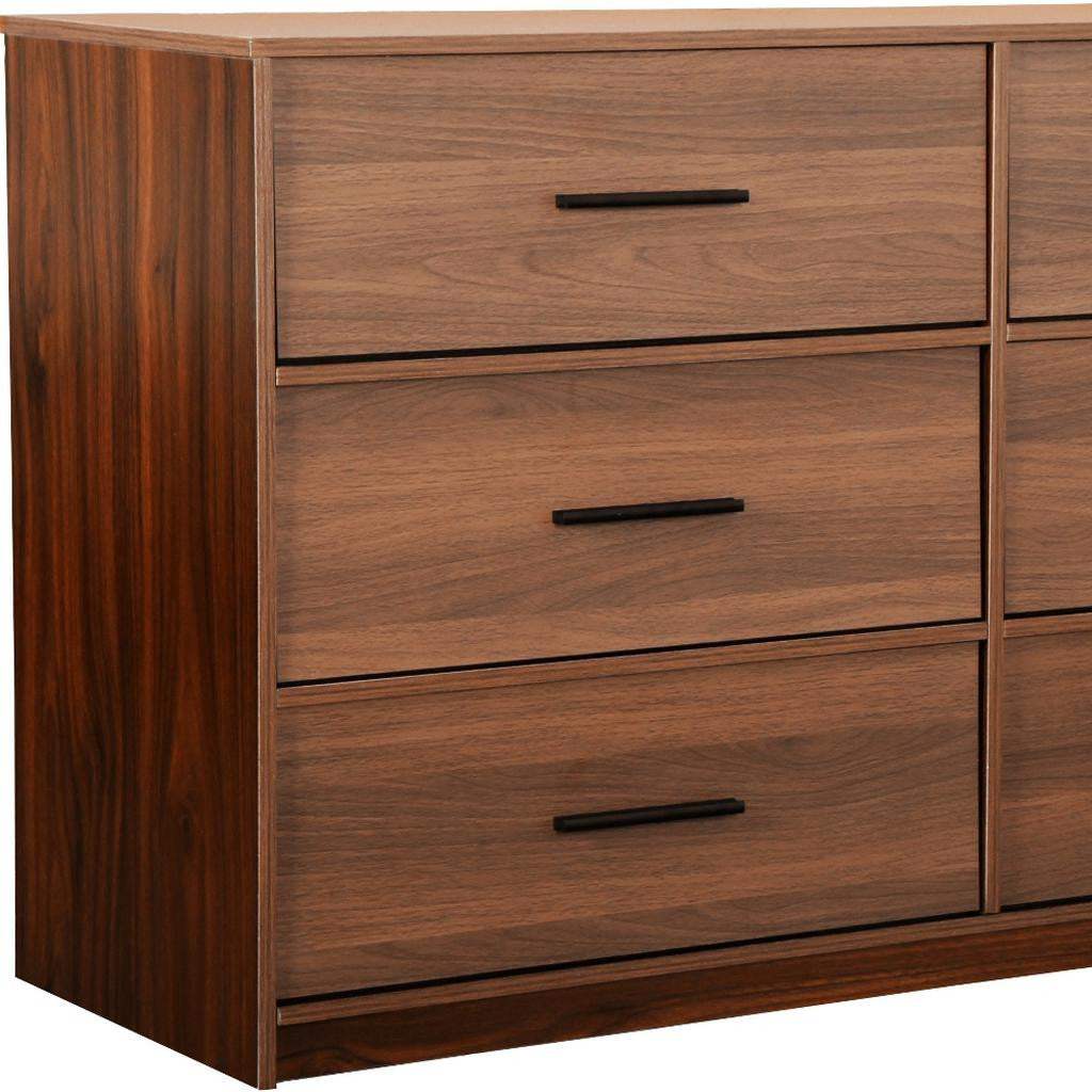 45" Walnut Fabric Wood and Steel Six Drawer Double Dresser - HomeRoots - Flyclothing LLC