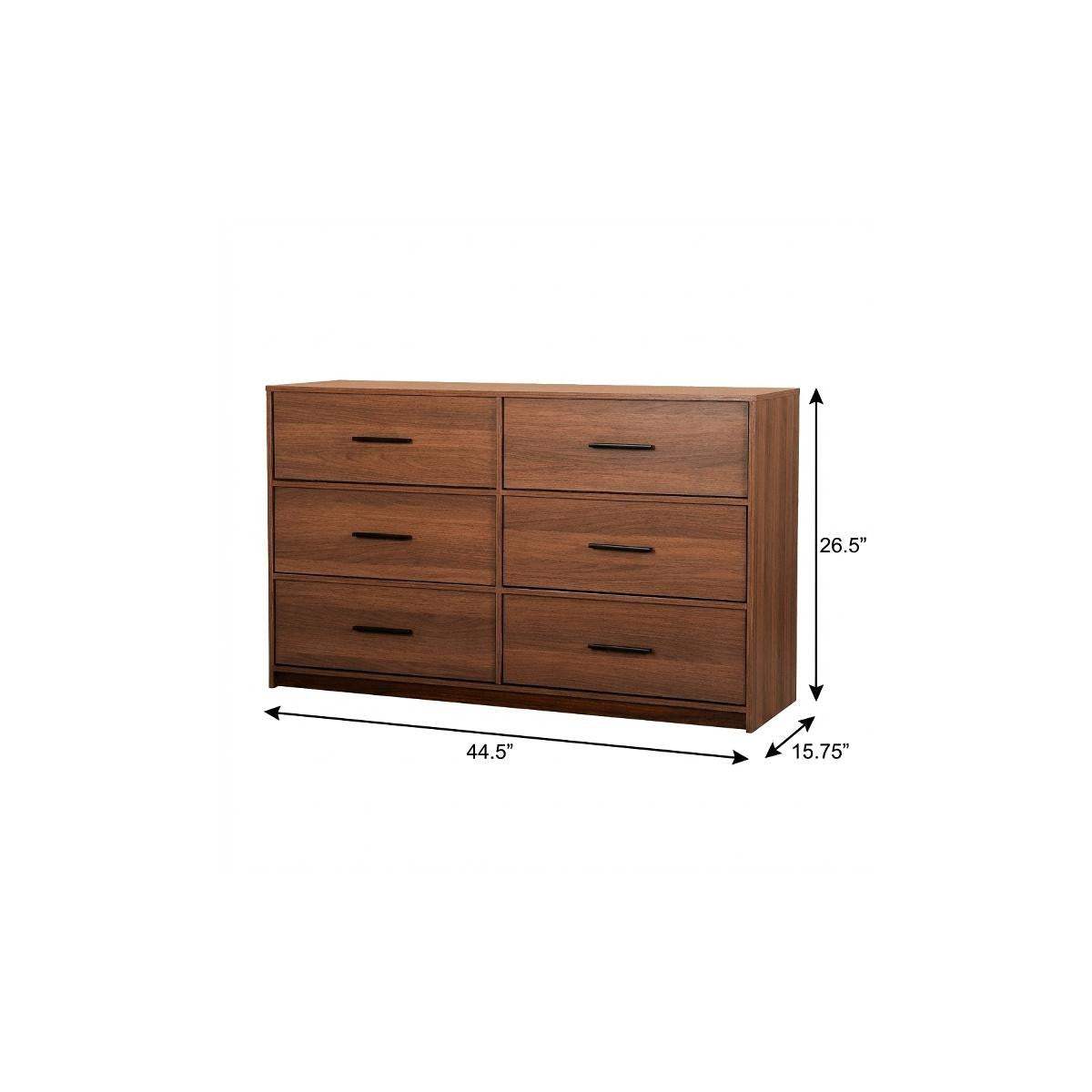 45" Walnut Fabric Wood and Steel Six Drawer Double Dresser - HomeRoots - Flyclothing LLC