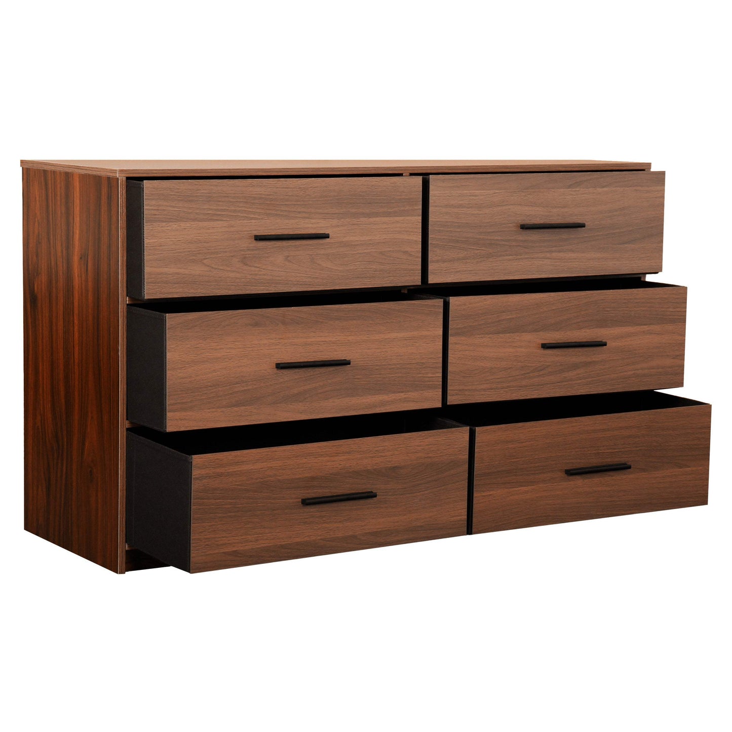 45" Walnut Fabric Wood and Steel Six Drawer Double Dresser - HomeRoots - Flyclothing LLC