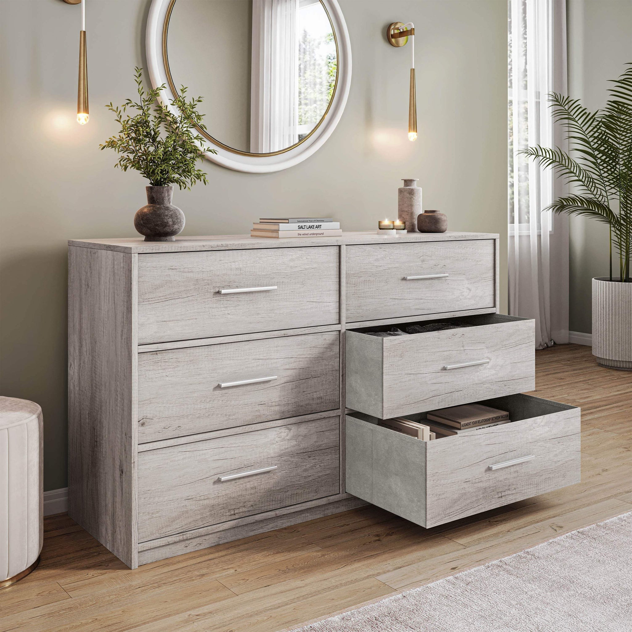 45" Gray Fabric Wood and Steel Six Drawer Double Dresser - HomeRoots - Flyclothing LLC
