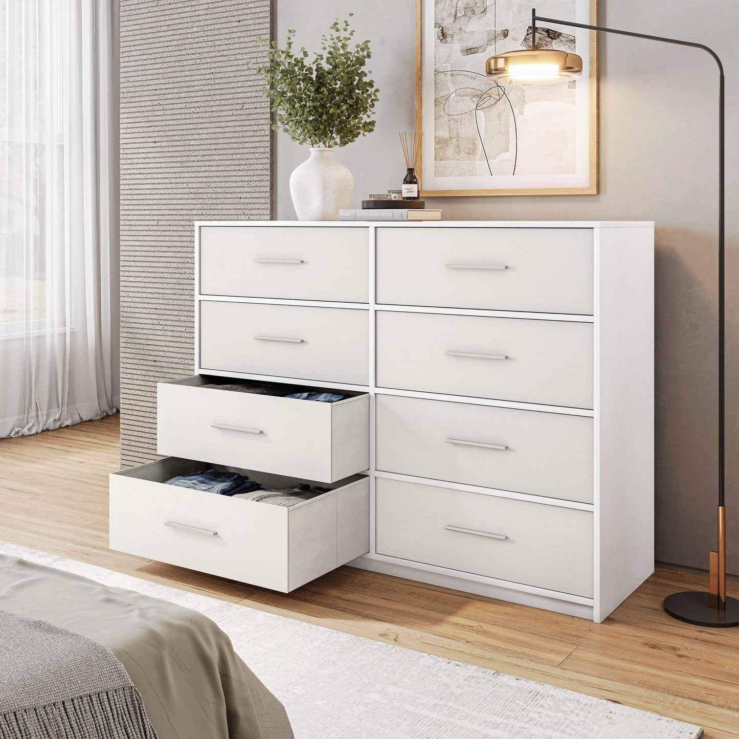 45" White Fabric Wood and Steel Eight Drawer Double Dresser - HomeRoots - Flyclothing LLC
