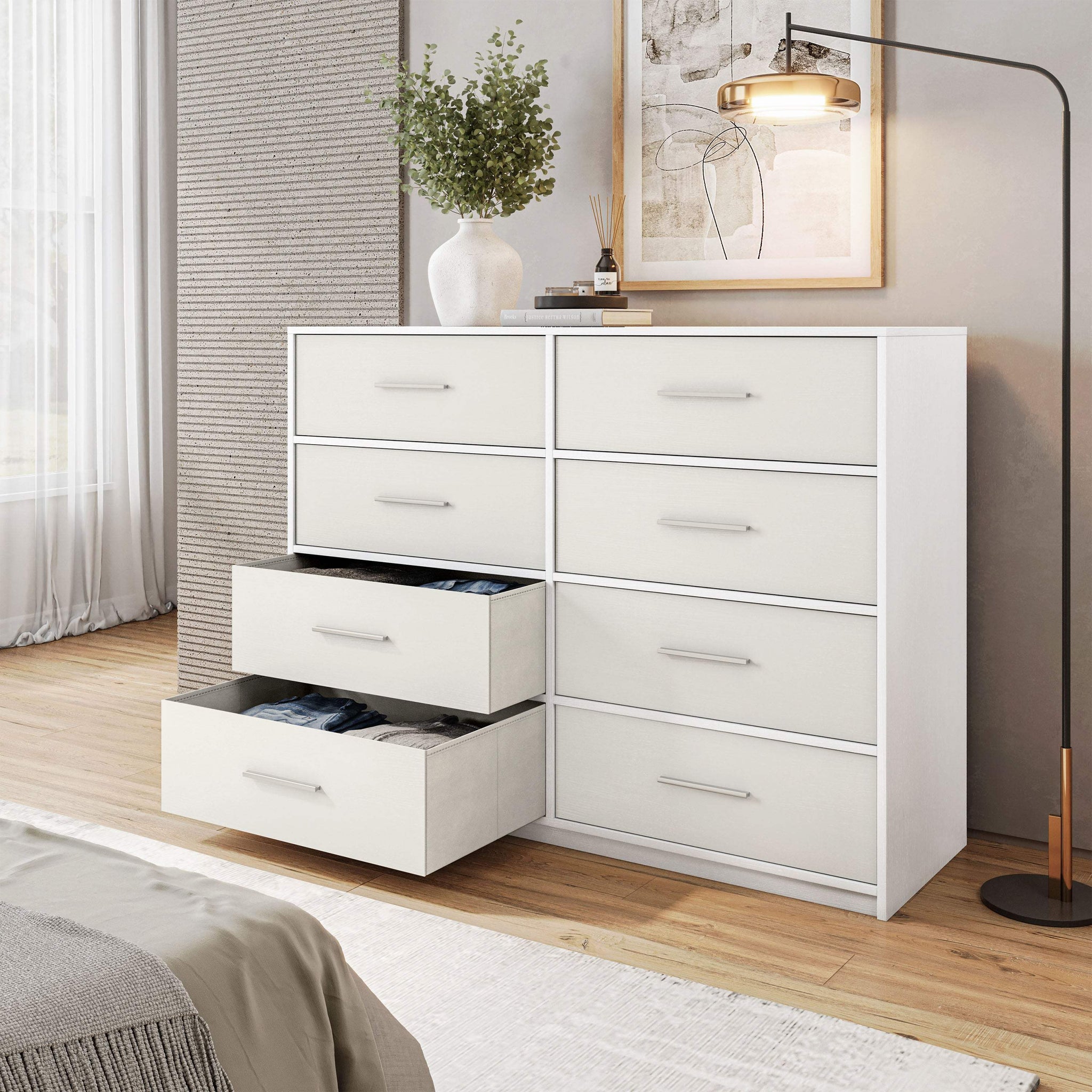 45" White Fabric Wood and Steel Eight Drawer Double Dresser - HomeRoots - Flyclothing LLC