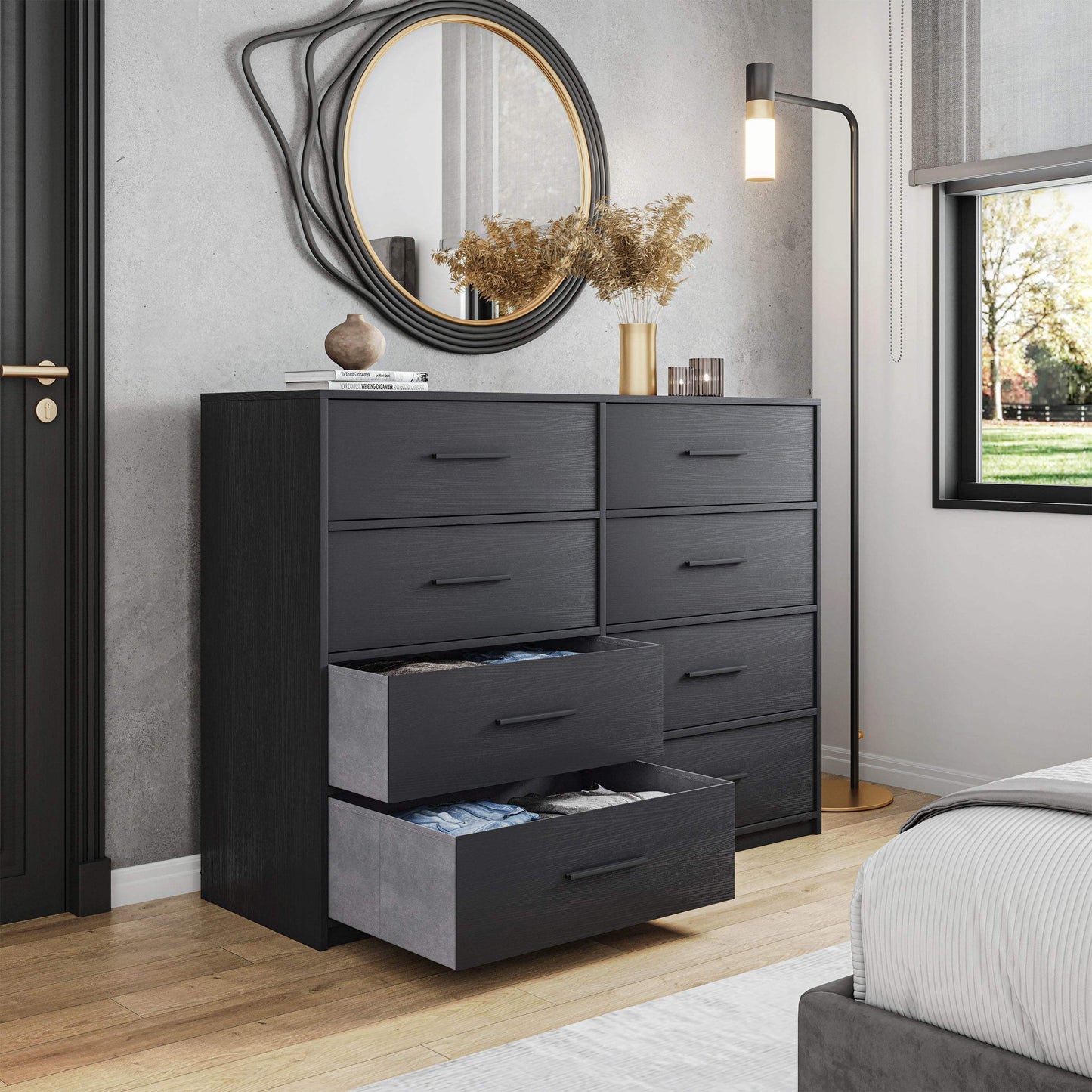 45" Black Fabric Wood and Steel Eight Drawer Double Dresser - HomeRoots - Flyclothing LLC