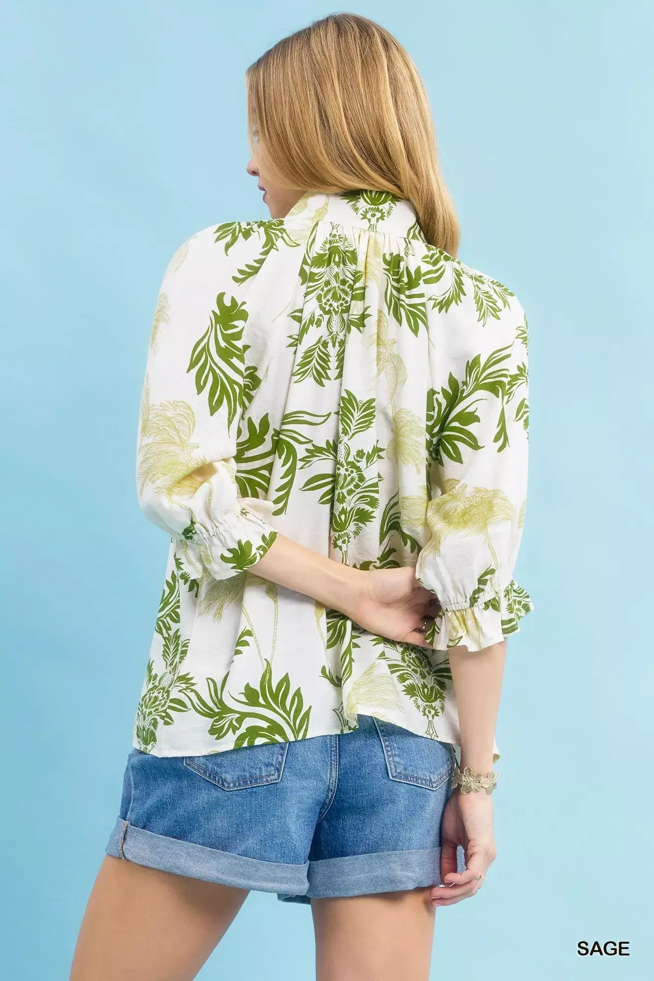 Umgee Leafy Damask Print Blouse with Contrast Scalloped Trim Detail - Trendsi - Flyclothing LLC