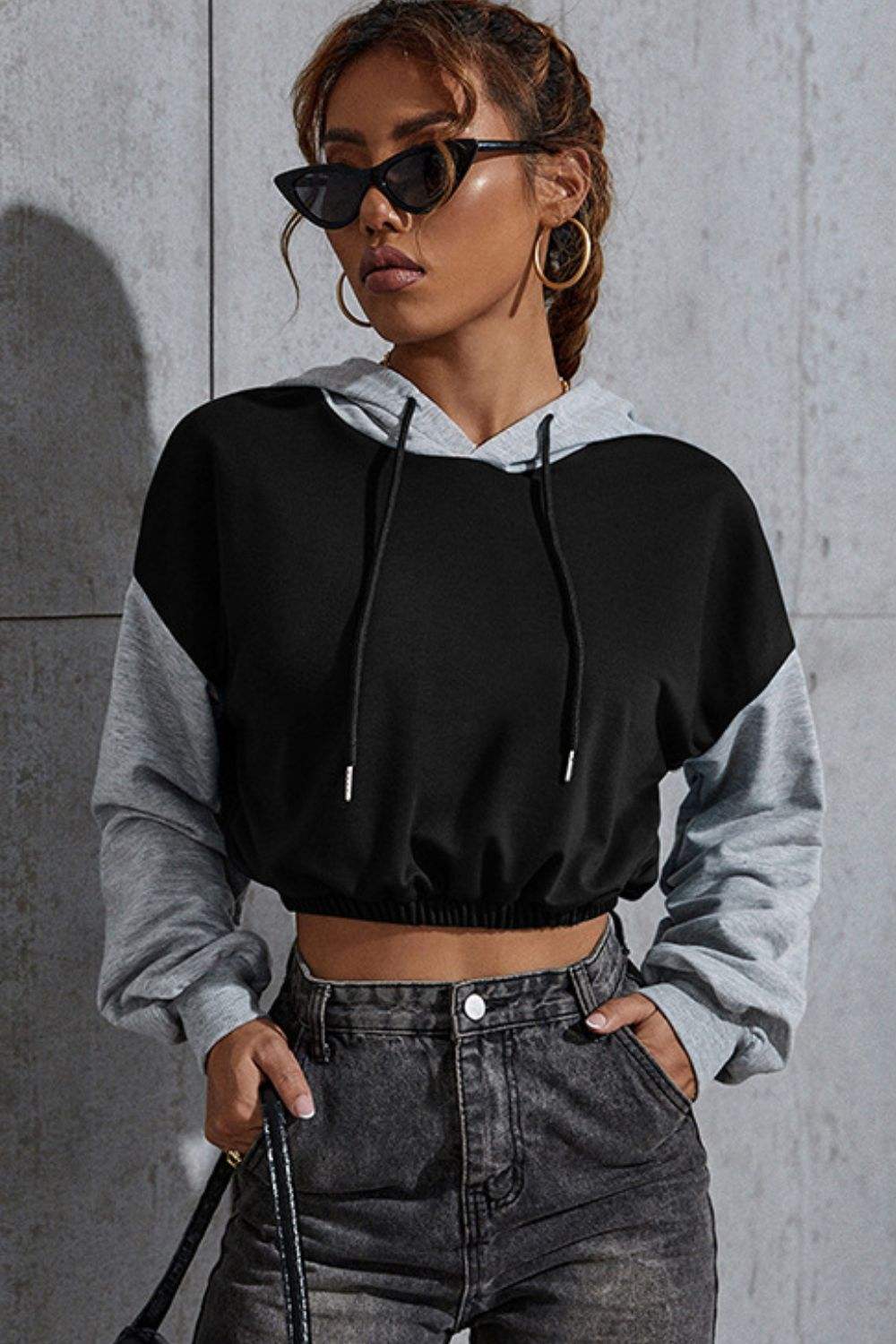 Perfee Contrast Long Sleeve Cropped Hoodie - Trendsi - Flyclothing LLC