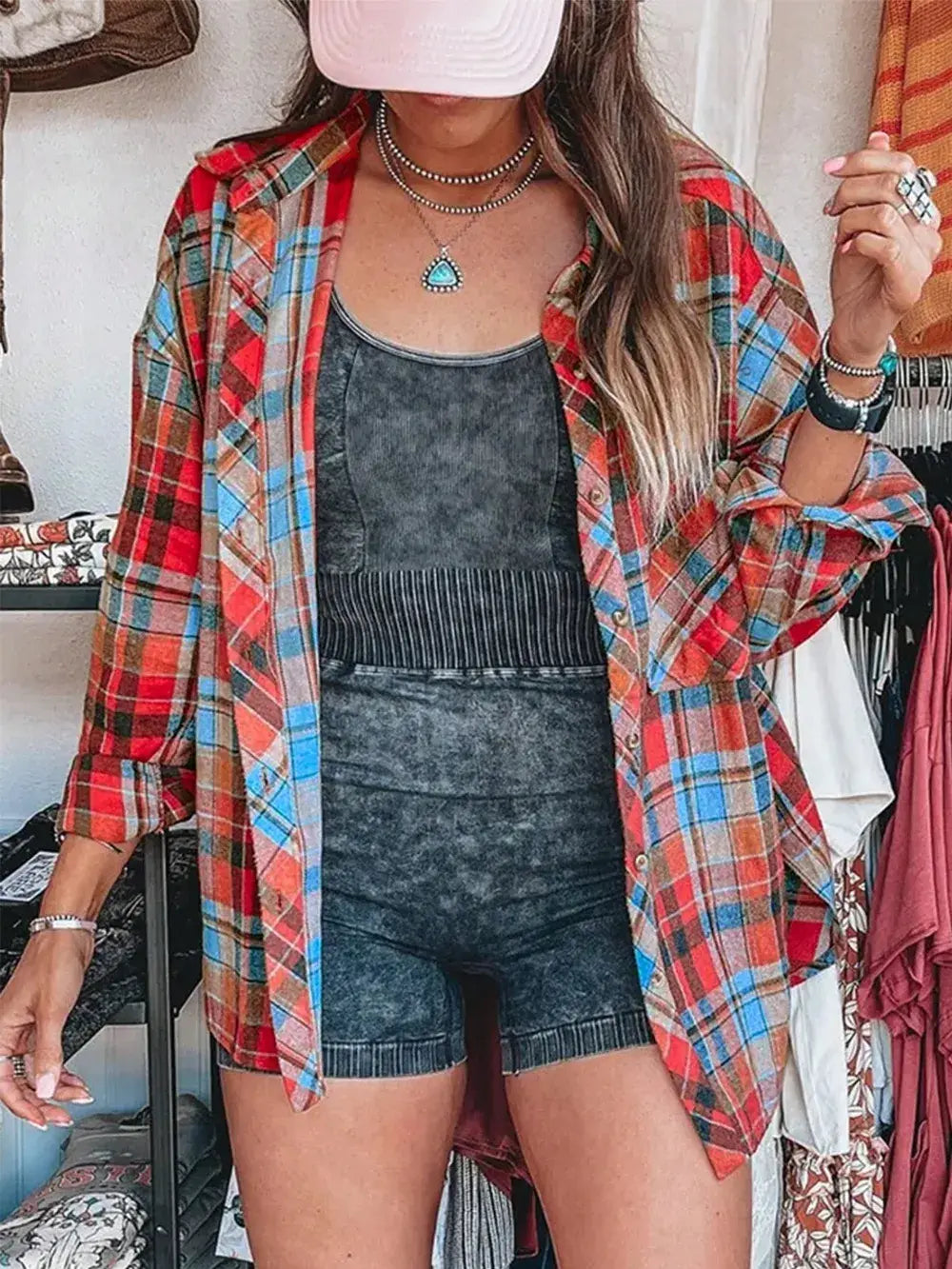 Plaid Collared Neck Long Sleeve Shirt - Trendsi - Flyclothing LLC