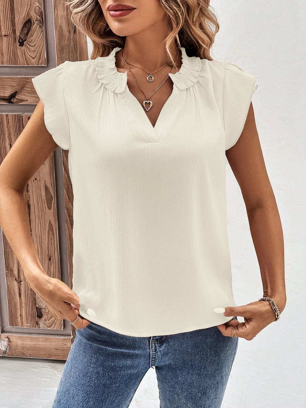 Notched Cap Sleeve Blouse - Trendsi - Flyclothing LLC