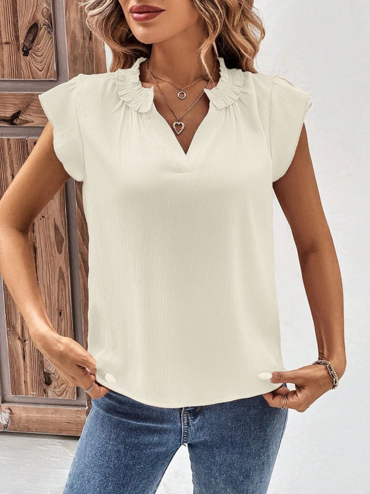 Notched Cap Sleeve Blouse - Trendsi