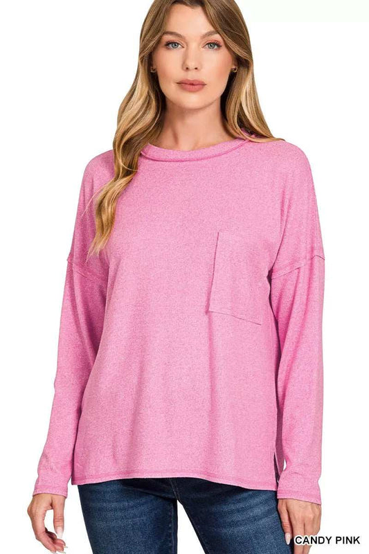 Zenana Soft Melange Hacci Round-Neck Long Sleeve T-Shirt - Trendsi - Flyclothing LLC
