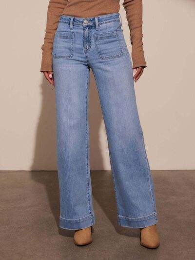 High Rise Front Pocket Patch Wide Leg Jeans - Trendsi - Flyclothing LLC